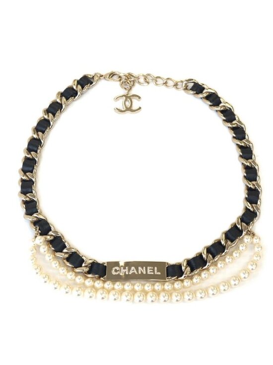 Chanel Double Pearl CC Logo Line Stone Plate Belt Leather Black Gold main image 9